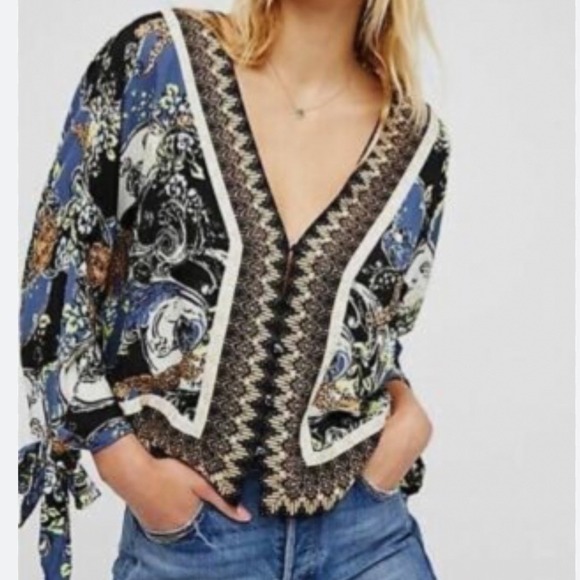 Free People Sweaters - Free People Flowy Button Front Blouse Leopard Floral Geometric Black Medium